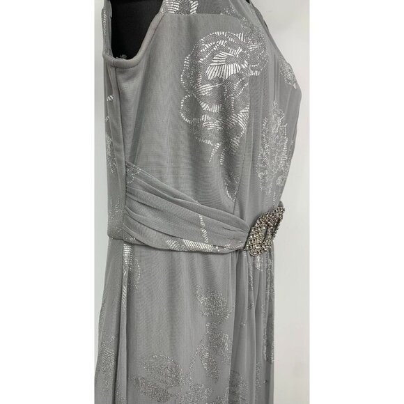 MSK Shift Dress Size 2 Silver Gray Floral Sleeveless Foil Belted Trim Women New - Picture 5 of 11